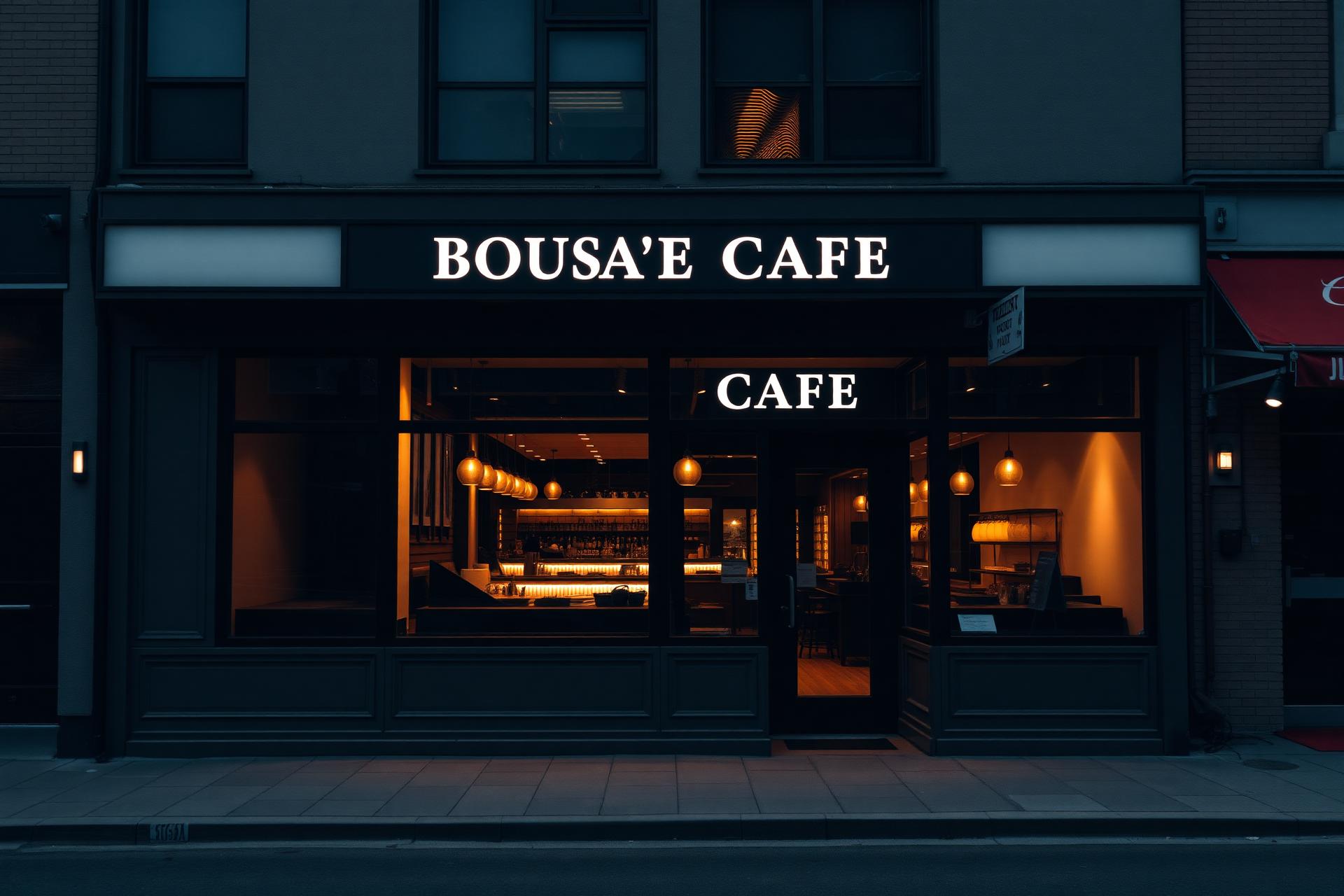 Modern local business storefront at dusk